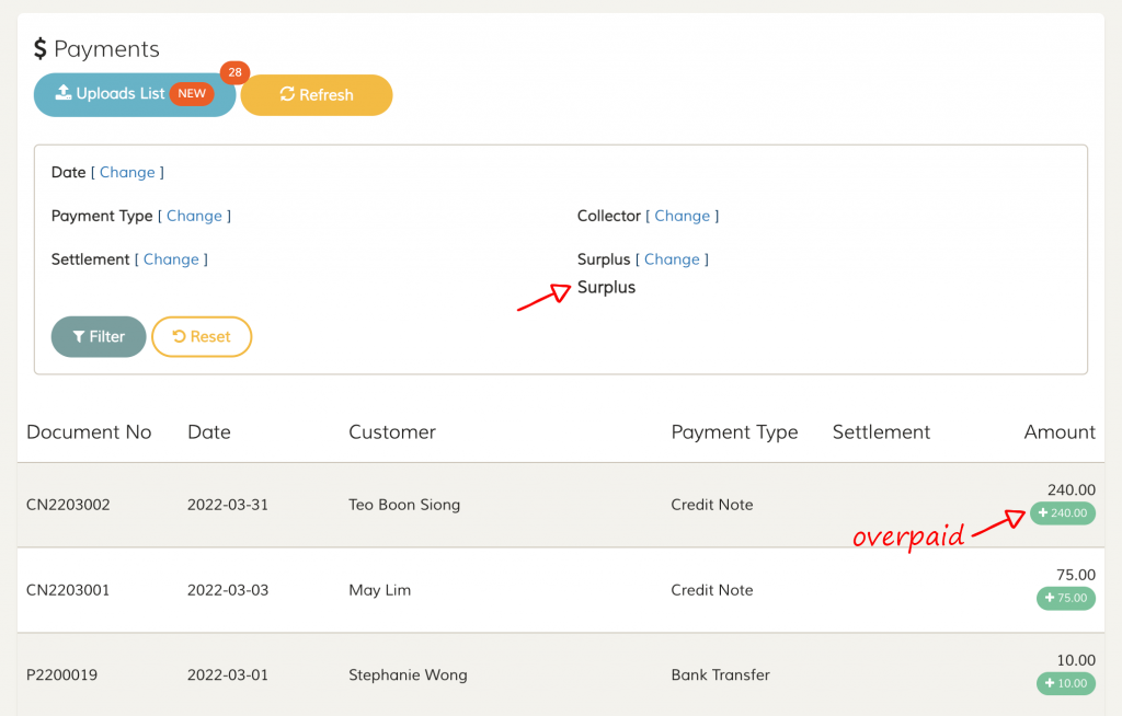 Payments List Filter by Surplus (Overpaid)