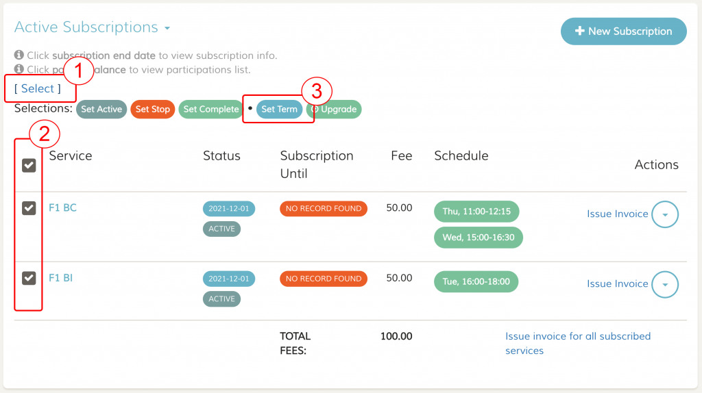 How to set subscription's terms? Click select, select subscriptions, and click set term to assign term