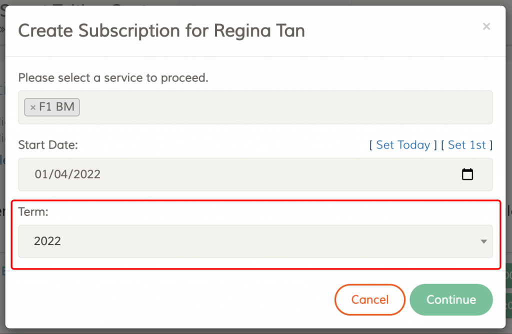 Create new subscription dialog box