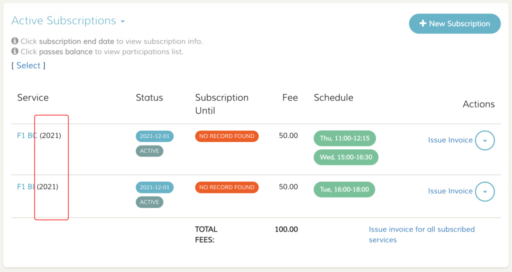 Subscriptions List with subscription's term set