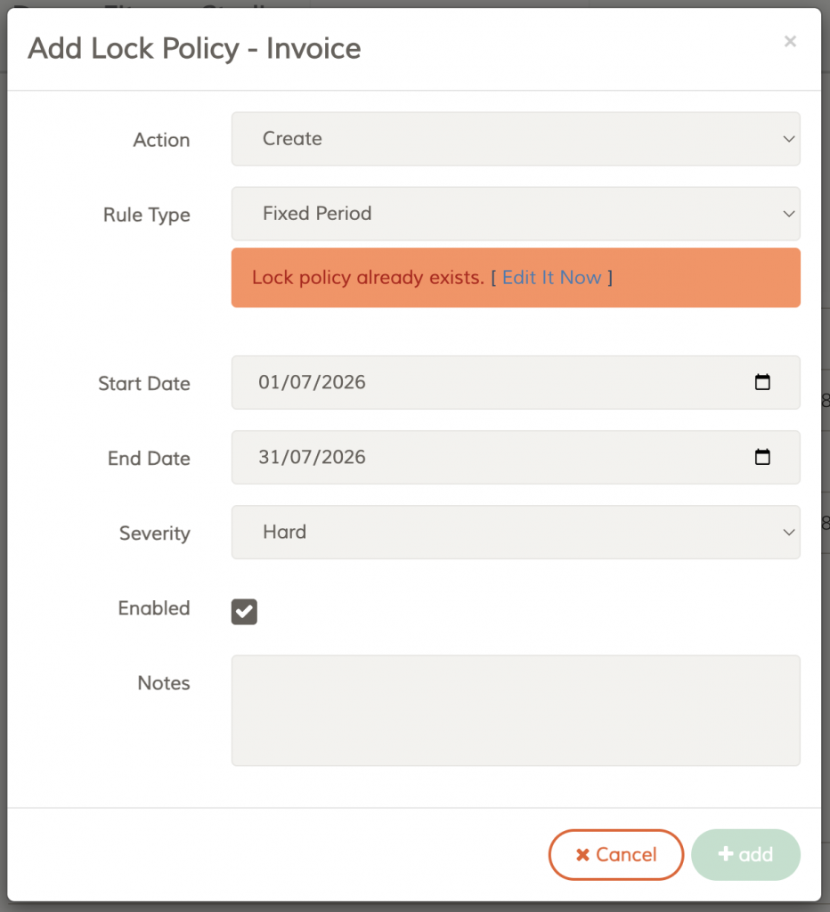 FeePlus Add Invoice Lock Policy Modal - Prevent Duplicate