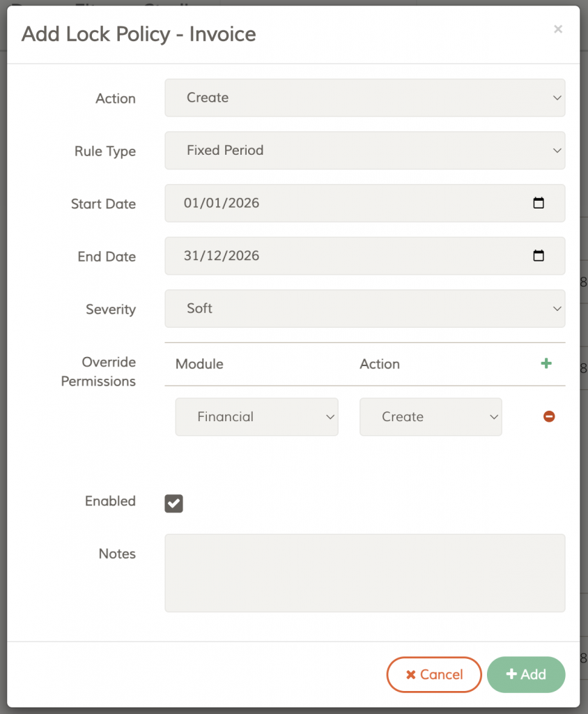 FeePlus Add Invoice Lock Policy Modal