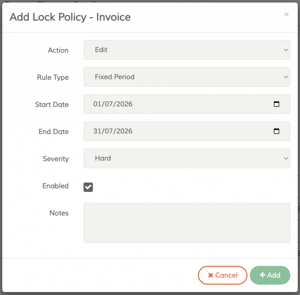 FeePlus Add Invoice Lock Policy - Fixed Period with Hard Severity
