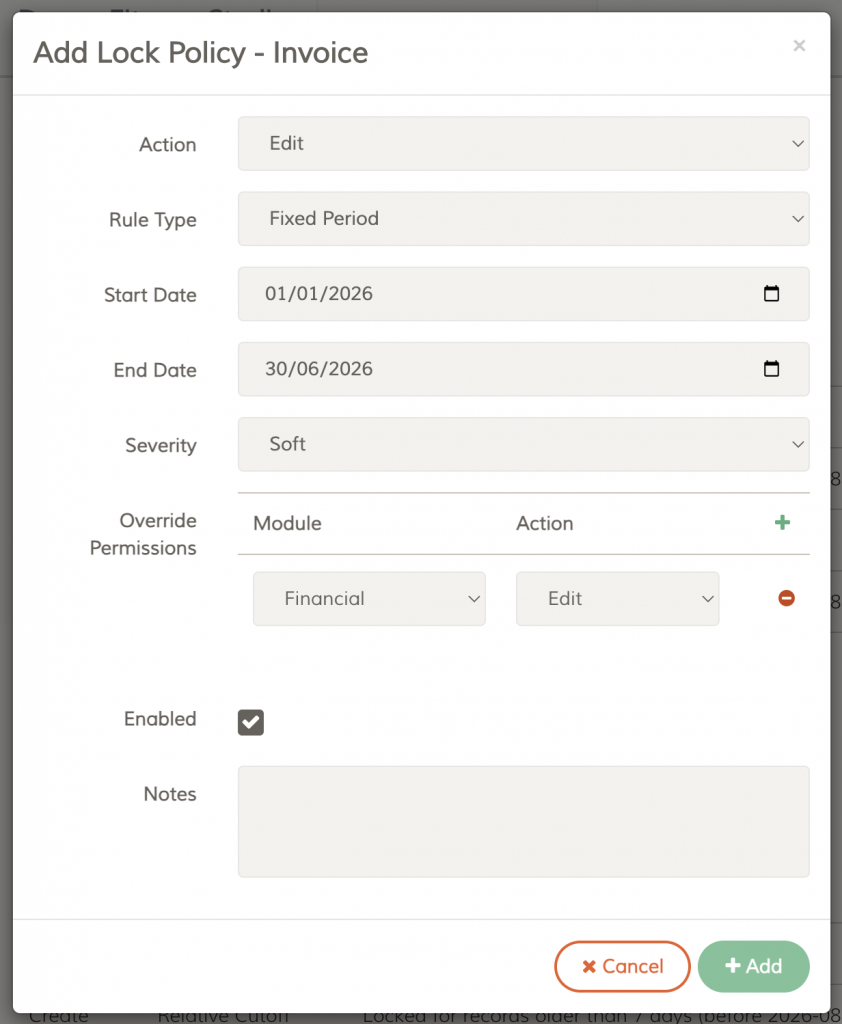 FeePlus Add Invoice Lock Policy - Fixed Period with Soft Severity