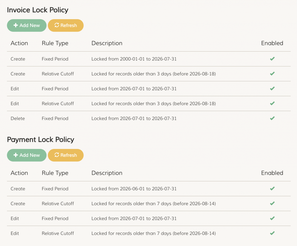 FeePlus Lock Policy list for Invoice & Payment