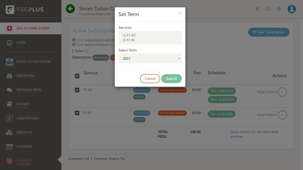 Set Subscription's Terms dialog box