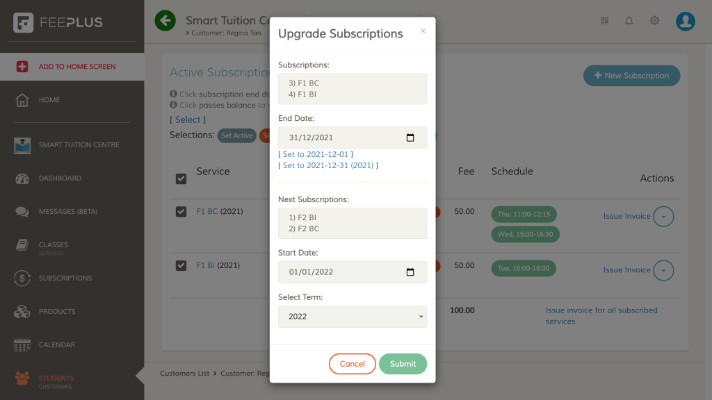 Upgrade subscription dialog box